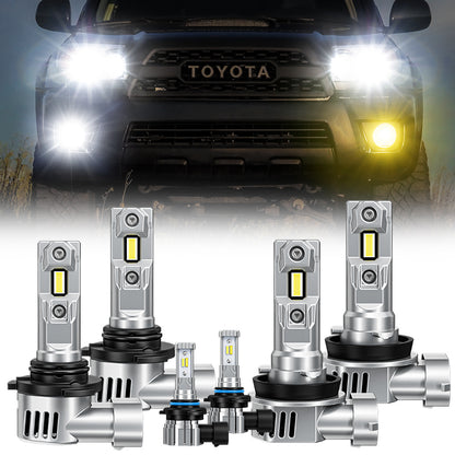 Toyota 4Runner 9005 LED headlight and fog light bulbs combo installed on vehicle, showcasing bright white and yellow beam for enhanced visibility.