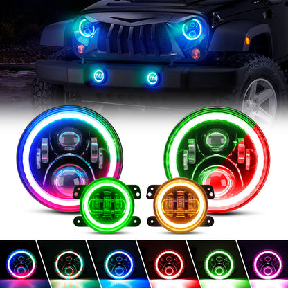 2007-2018 Jeep JK Headlights Upgrade LED RGB Halo + Amber Turn Signal & Fog Lights