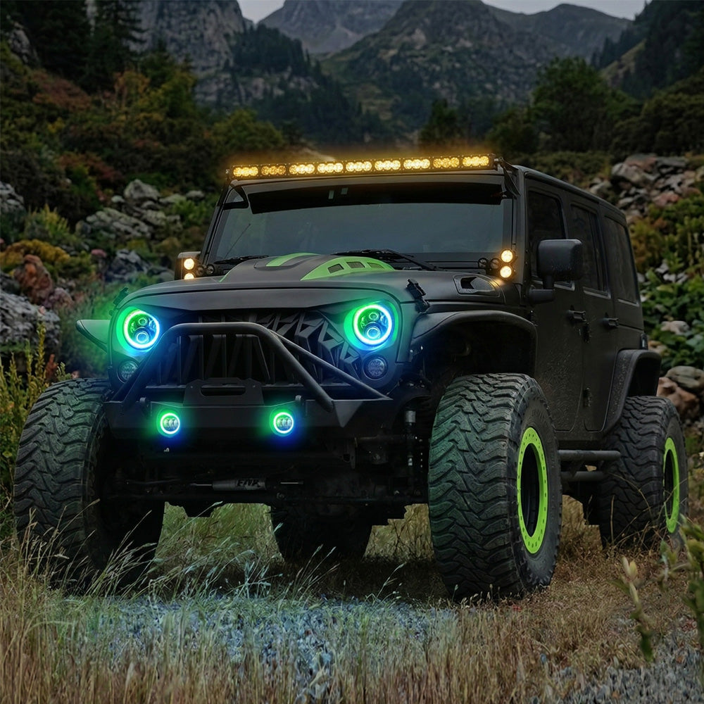 Jeep LED Headlights and Fog Lights with advanced optics anti-fog vent and long-lasting brightness