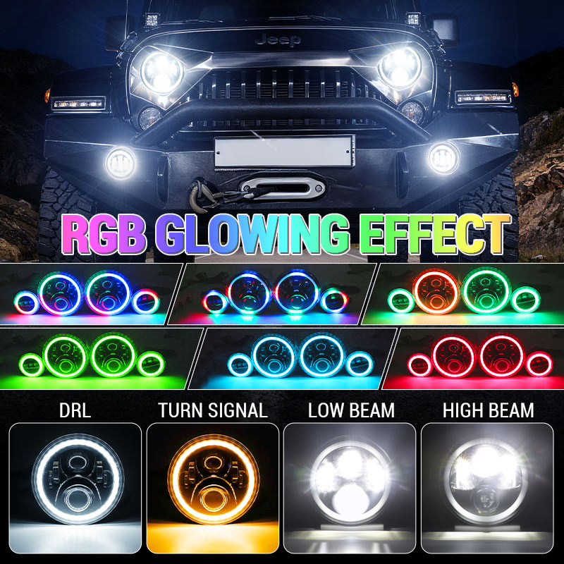 2007-2018 Jeep JK Headlights Upgrade LED RGB Halo + Amber Turn Signal & Fog Lights