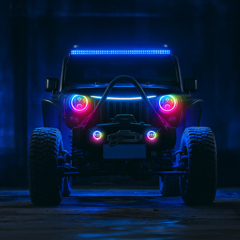 2007-2018 Jeep JK Headlights Upgrade LED RGB Halo + Amber Turn Signal & Fog Lights