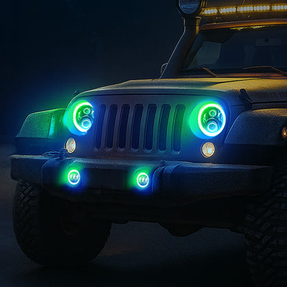 2007-2018 Jeep JK Headlights Upgrade LED RGB Halo + Amber Turn Signal & Fog Lights