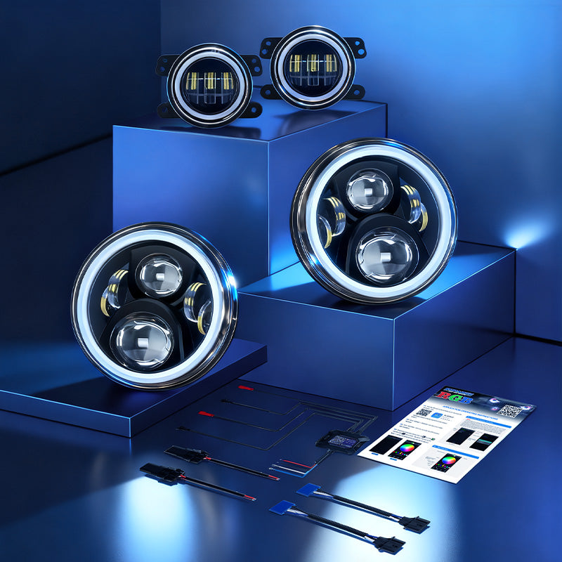 2007-2018 Jeep JK Headlights Upgrade LED RGB Halo + Amber Turn Signal & Fog Lights