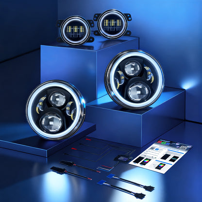 2007-2018 Jeep JK Headlights Upgrade LED RGB Halo + Amber Turn Signal & Fog Lights