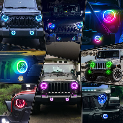 2007-2018 Jeep JK Headlights Upgrade LED RGB Halo + Amber Turn Signal & Fog Lights