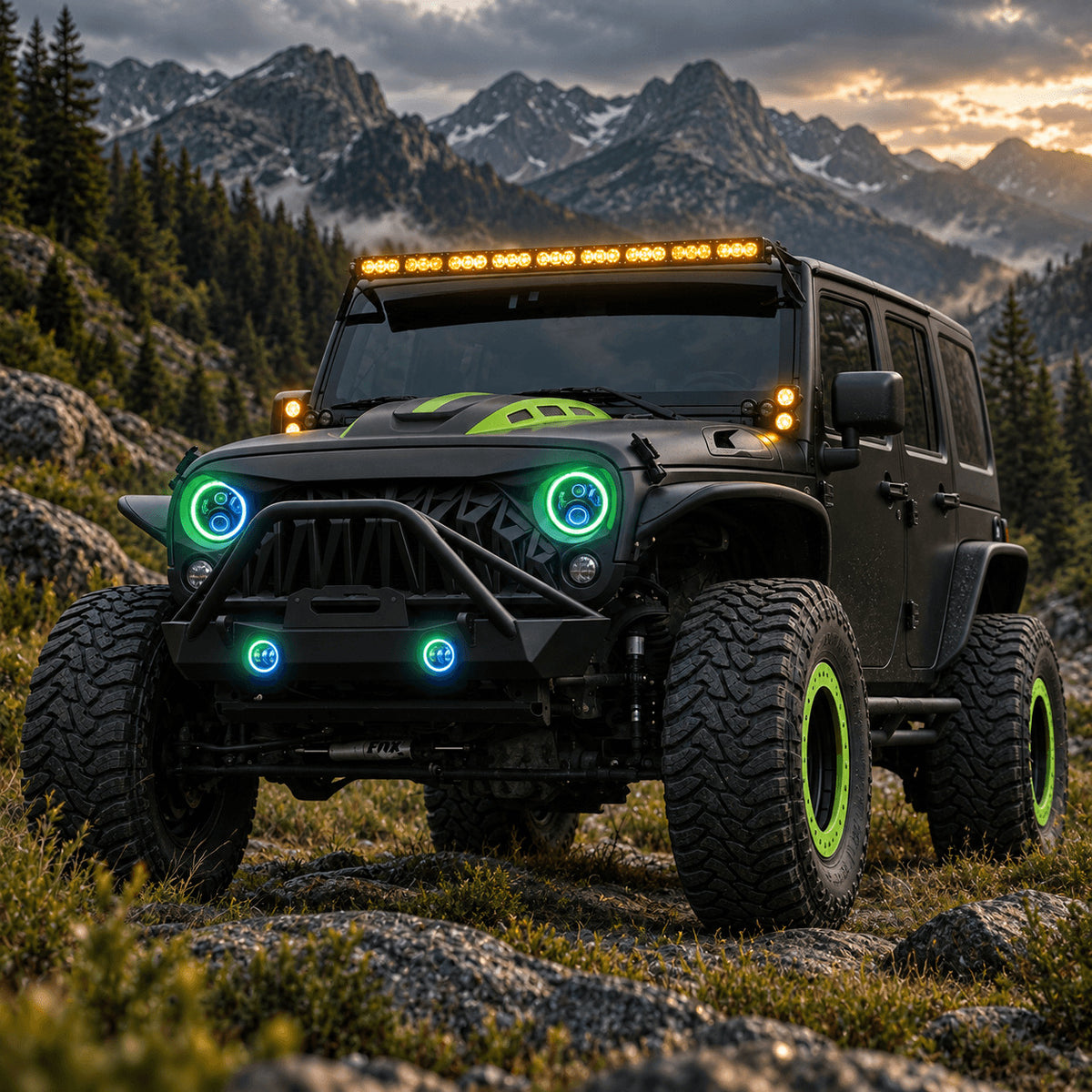 Two 7-inch LED headlights, two 4-inch fog lights, connection components and instructions arranged on blue blocks
