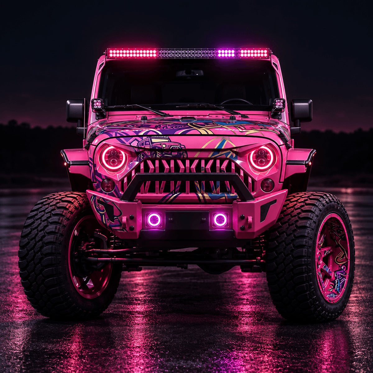 Pink Jeep Wrangler with red headlight halos and purple fog-light halos at night