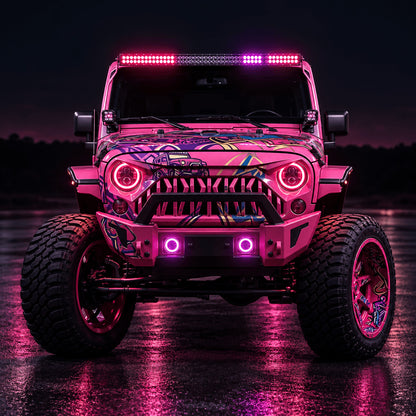 Pink Jeep Wrangler with red headlight halos and purple fog-light halos at night