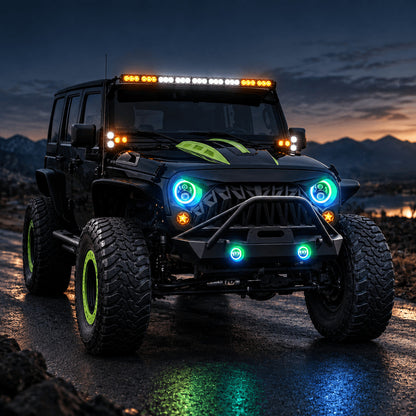 Dark Jeep Wrangler JK with cyan and green halo headlights and matching fog lights