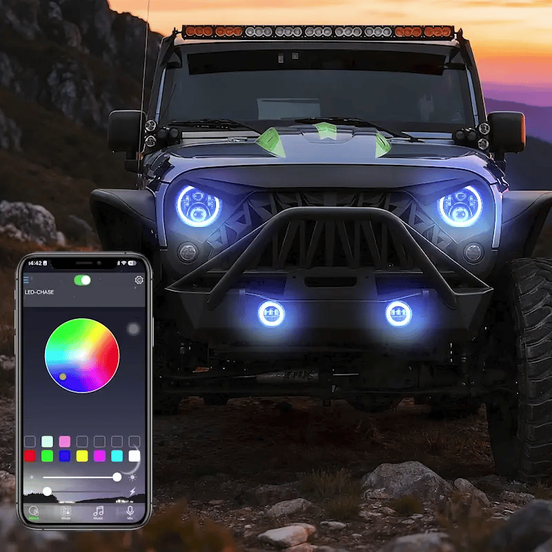 Faros delanteros LED RGB que cambian de color con señal de giro ámbar + kit de luz antiniebla combinado para Jeep Wrangler JK 2007-2018 