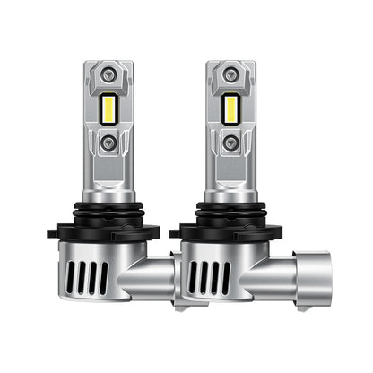 Close-up of two 9005 LED headlight bulbs with dual-beam chips and heat dissipation fins, designed for 2006-2009 Toyota 4Runner upgrade.