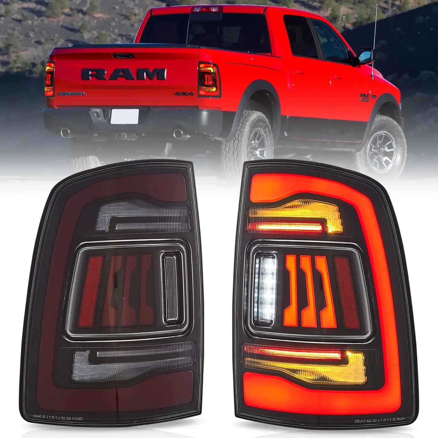 LED Tail Lights with Amber Turn Signal for 2009–2018 Dodge Ram (Front View)