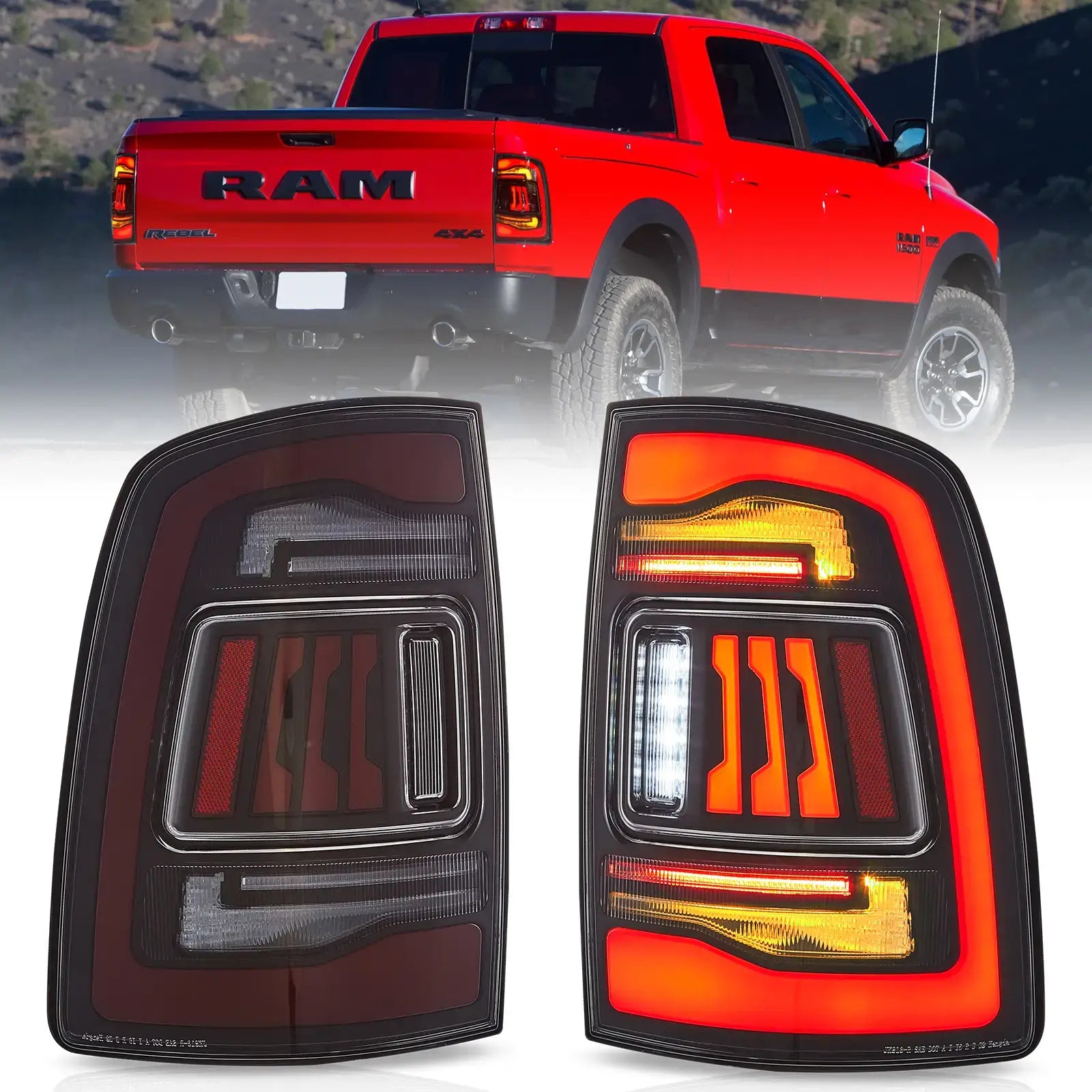 LED Tail Lights with Amber Turn Signal for 2009–2018 Dodge Ram (Front View)