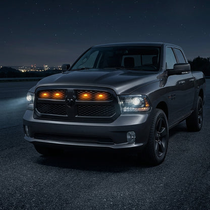 Ram 1500 amber LED grille lights illuminated at night