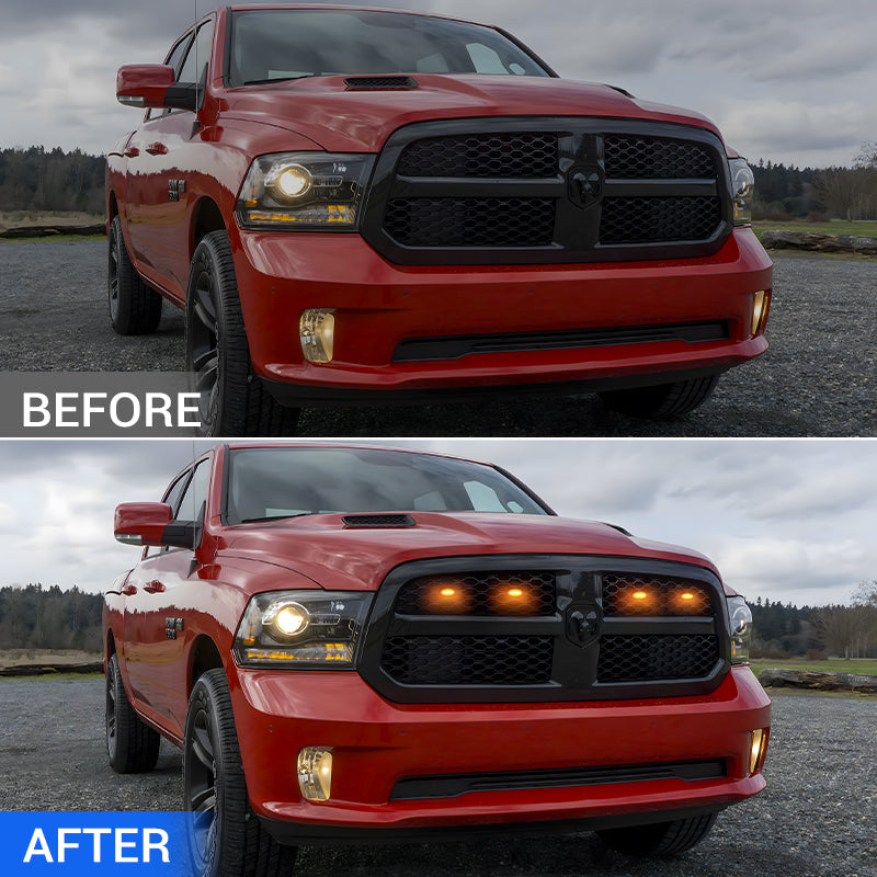 Ram 1500 front grille before and after installing amber LED grille lights