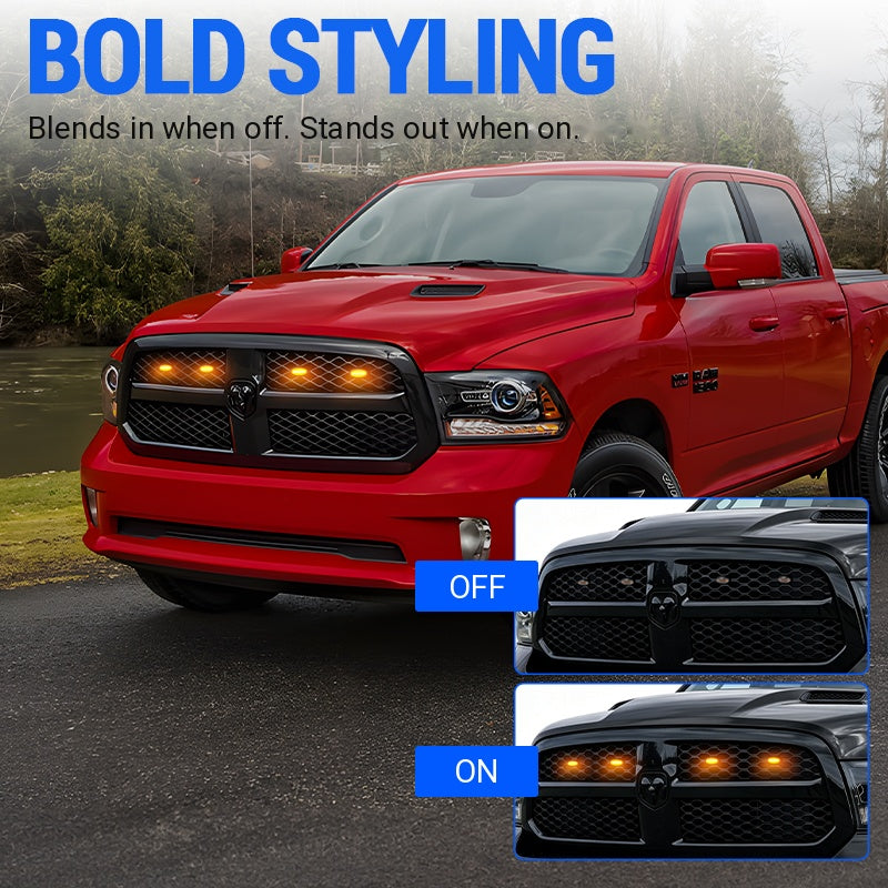 Ram 1500 smoked grille lights off and amber lights on comparison