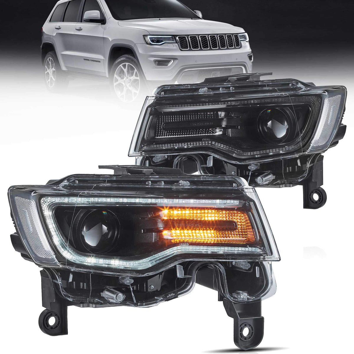 2014–2022 Jeep Grand Cherokee WK2 LED Headlights with Sequential Turns & Startup Animation — Pair