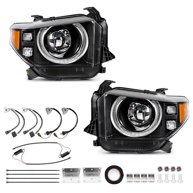 Owl-Eye LED Projector Headlights with Halo DRL & Cornering Lights for 2014–2021 Toyota Tundra
