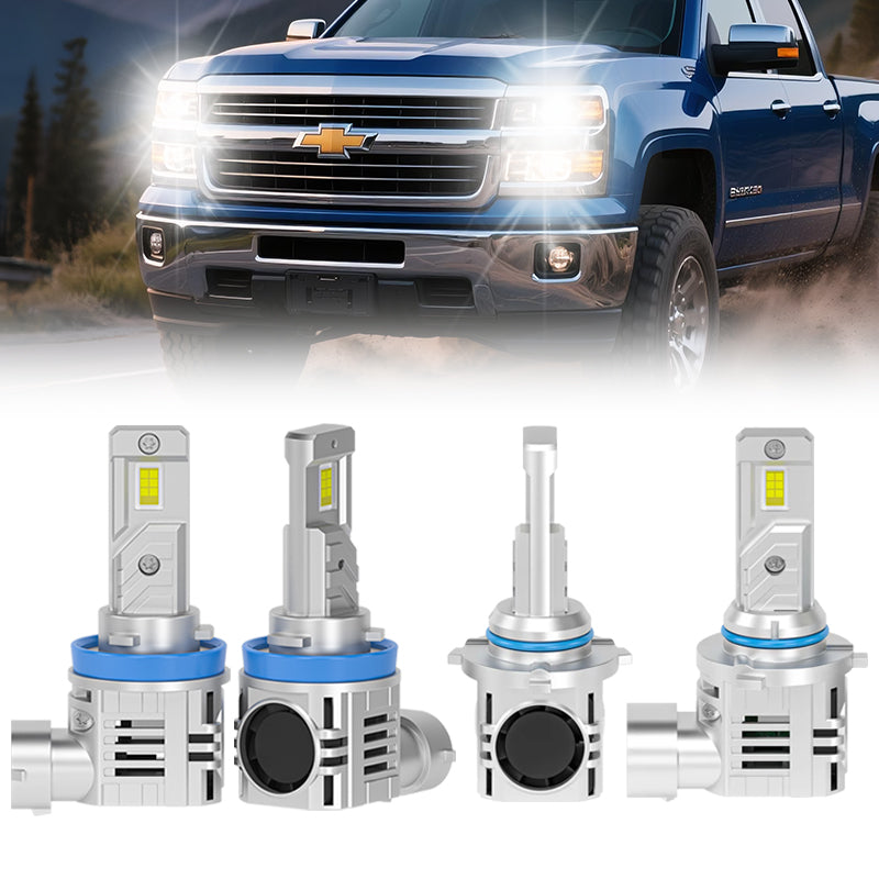 2015-2019 Silverado 2500/3500 H11 9005 LED Headlight Bulbs from SP Air Series shown installed on a Chevrolet truck with bright white beam output.