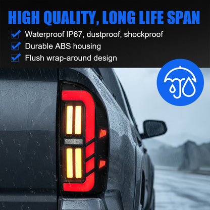 Smoked LED tail light for 2016-2023 Toyota Tacoma shown with water droplets in a rain-themed feature graphic.