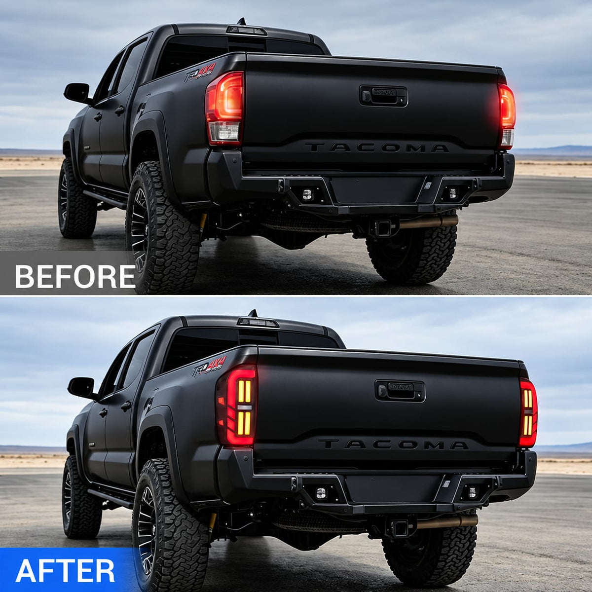 Before-and-after rear views comparing original tail lights with smoked LED tail lights for 2016-2023 Toyota Tacoma.