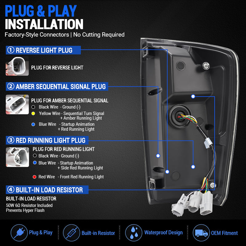 Installation guide for 2016-2023 Toyota Tacoma smoked LED tail lights, showing plug connections and the load resistor.