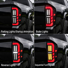 2016-2023 Toyota Tacoma smoked LED tail light modes: parking, brake, reverse and sequential turn signals.