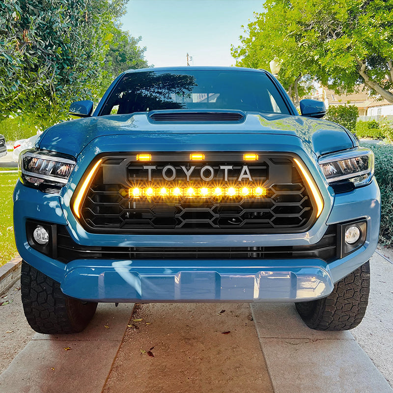 2016 Toyota Tacoma TRD Pro Grille with turn signal lights and DRL lights and LED light bar