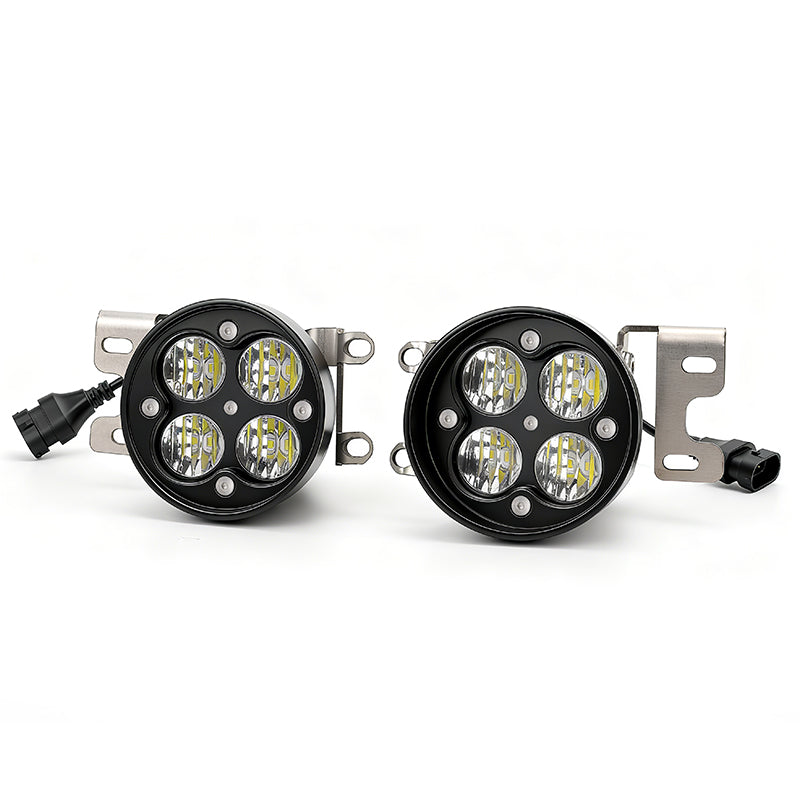 Front view of Toyota Tacoma LED fog lights with aluminum housing, bright white 8000LM beam for 2016–2023 models