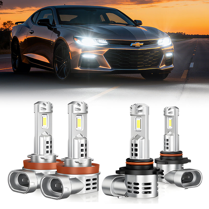 Fit For 2022-2025 Chevrolet Malibu LED Headlight Bulbs H11 9005 set shown with a Malibu car at sunset. Ideal for high and low beam upgrade.