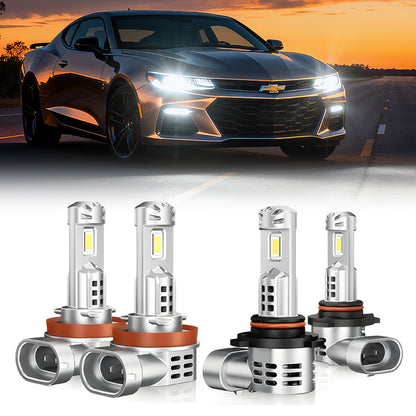 Fit For 2022-2025 Chevrolet Malibu LED Headlight Bulbs H11 9005 set shown with a Malibu car at sunset. Ideal for high and low beam upgrade.