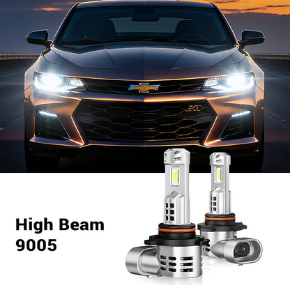 High beam 9005 Fit For 2022-2025 Chevrolet Malibu LED Headlight Bulbs displayed with Malibu car, highlighting compatibility and beam clarity.