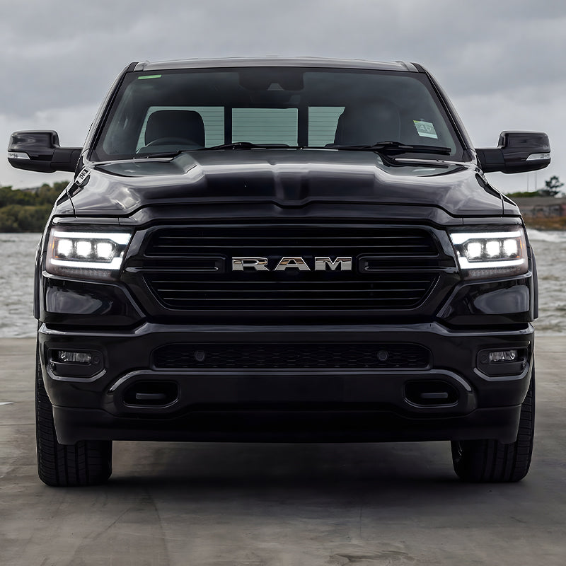 Front view of black Ram 1500 truck with LED headlights
