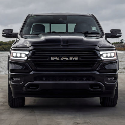 Front view of black Ram 1500 truck with LED headlights