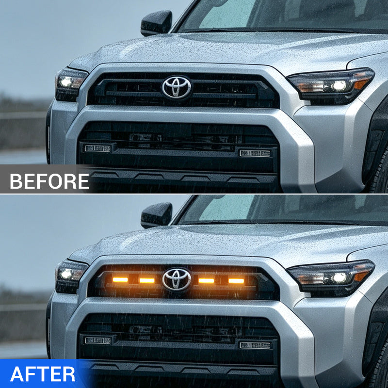 Close view of 4Runner SR5 grille lights before and after installation