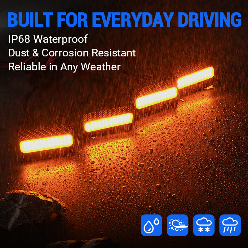 P68 amber LED grille lights shown in wet weather