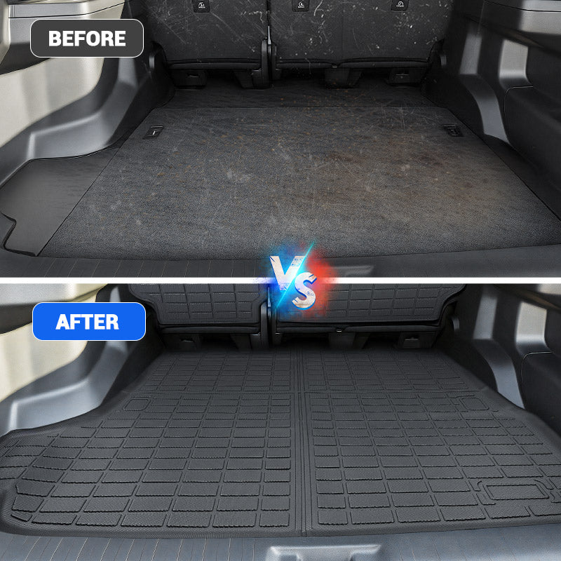 Before and after comparison of 2025 Toyota 4Runner trunk with and without cargo liner