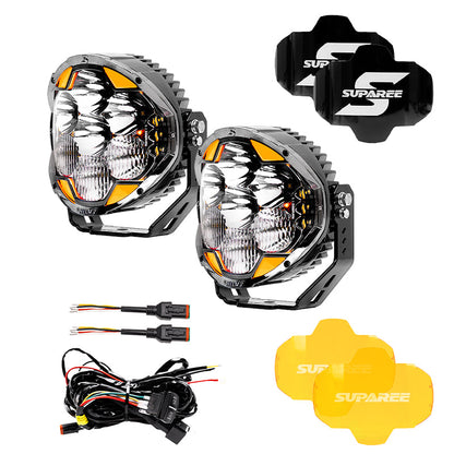 SUPAREE HELM 7-inch LED driving light twin kit with two lights, black and amber covers, wiring harness and pigtail wires.
