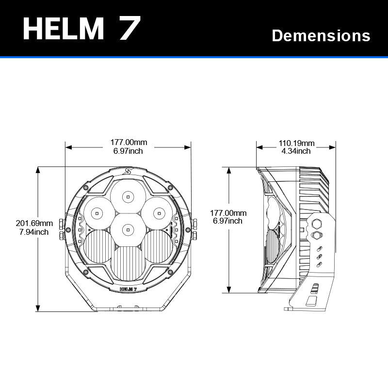 SUPAREE HELM 7-inch LED driving light dimensions diagram showing front and side measurements with its mounting bracket.