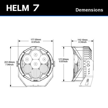 SUPAREE HELM 7-inch LED driving light dimensions diagram showing front and side measurements with its mounting bracket.