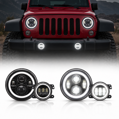 Jeep headlights with halo DRL and matching fog lights for Jeep Wrangler front lighting upgrade