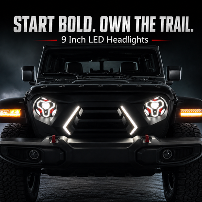 Warrior Style 9 Inch LED Headlights With Halo DRL & Turn Signals For 2018-Later Jeep Wrangler JL & Gladiator JT
