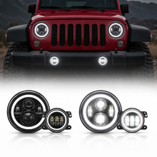 4-in-1 Controlled 7'' LED Halo Headlights and 4'' Cree LED Halo Fog Lights with Turn Signals for Jeep Wrangler JK