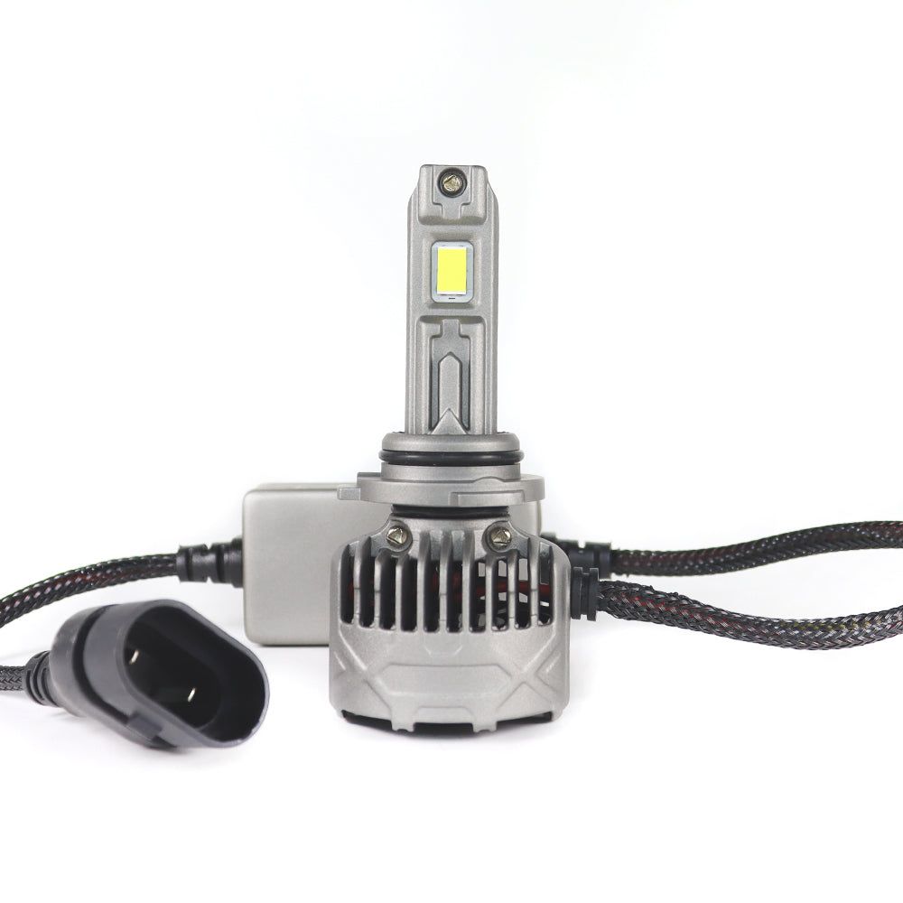 SP Pro Series 130W 9006 13000LM 6000K LED Headlight Bulb with braided wiring and heat sink for high-performance vehicle lighting upgrade.