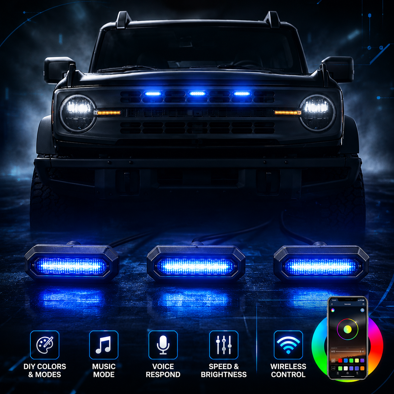 RGB+White Color Grille Lights Kit for 2021-2025 Ford Bronco