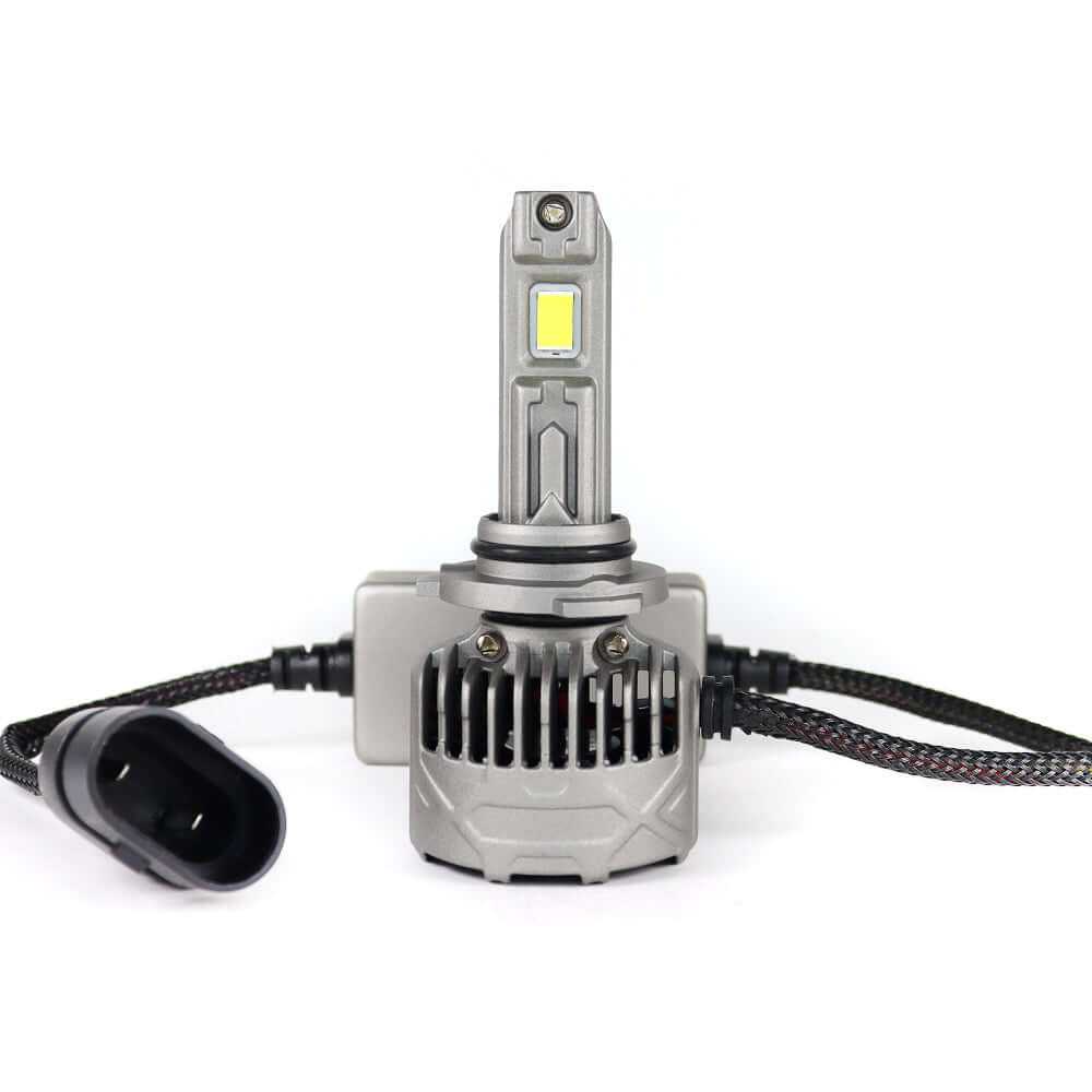 SP Pro Series 130W 9005 13000LM 6000K LED Headlight Bulb with cooling fan and braided power cable for high-performance vehicle lighting upgrade.