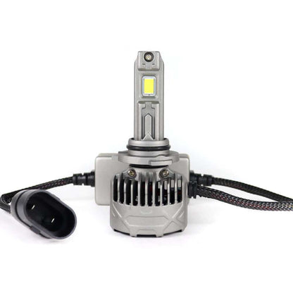 SP Pro Series 130W 9005 13000LM 6000K LED Headlight Bulb with cooling fan and braided power cable for high-performance vehicle lighting upgrade.