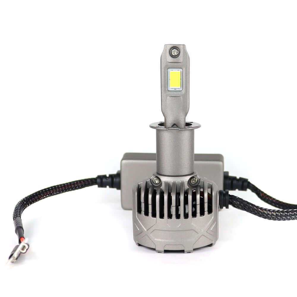 130W H3 13000LM 6000K LED Headlight Bulb from SP Pro Series with integrated cooling fan and braided power cable for enhanced vehicle lighting.