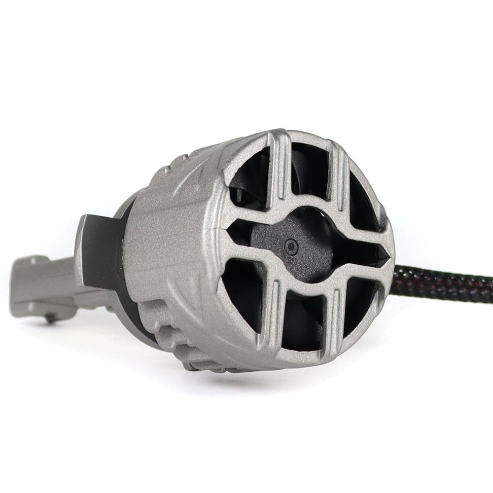 Close-up rear view of SP Pro Series 130W 9012 13000LM 6000K LED Headlight Bulb showing cooling fan and heat sink design for optimal performance.