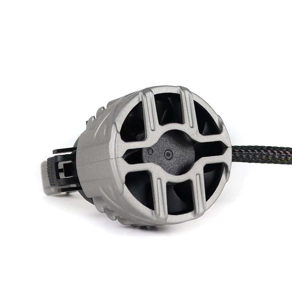 Rear view of SP Pro Series 130W 5202 13000LM 6000K LED Headlight Bulb showing heat dissipation fan and braided power cable for vehicles.